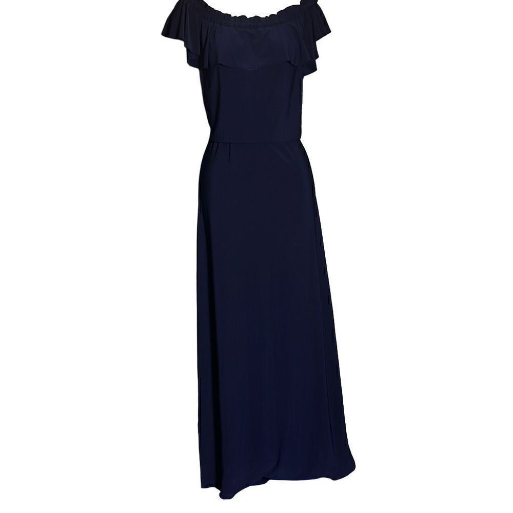 NWT Chaps Off Women Shoulder Ruffle Maxi Dress Navy Blue Size L